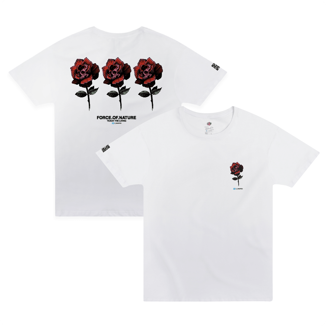Front and Back view of a white t-shirt with three red roses, a skull, and 'Force of Nature' text on a white background