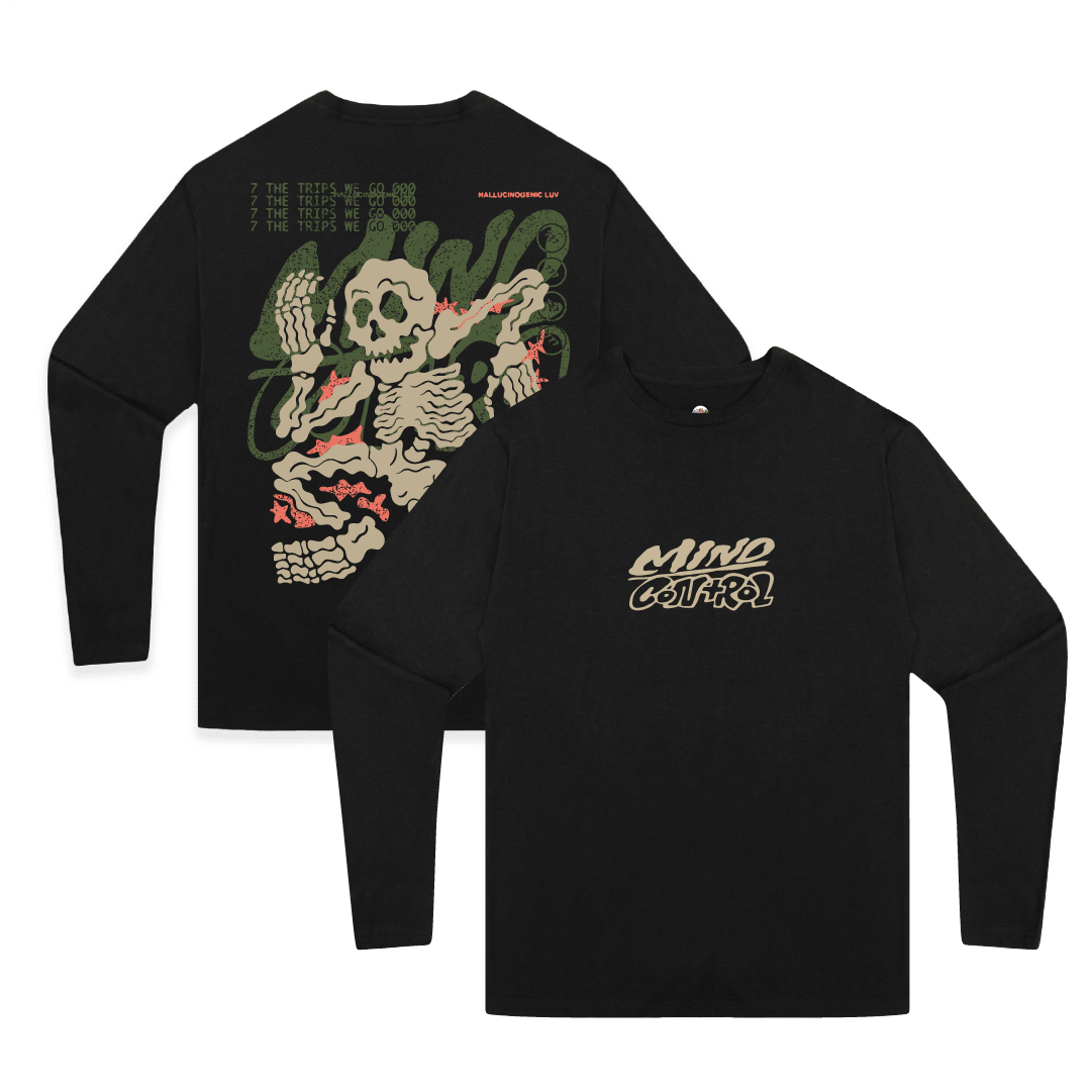 Front and rear view of a unisex black long sleeve t-shirt with skeleton design and 'Mind Control' text on a white background