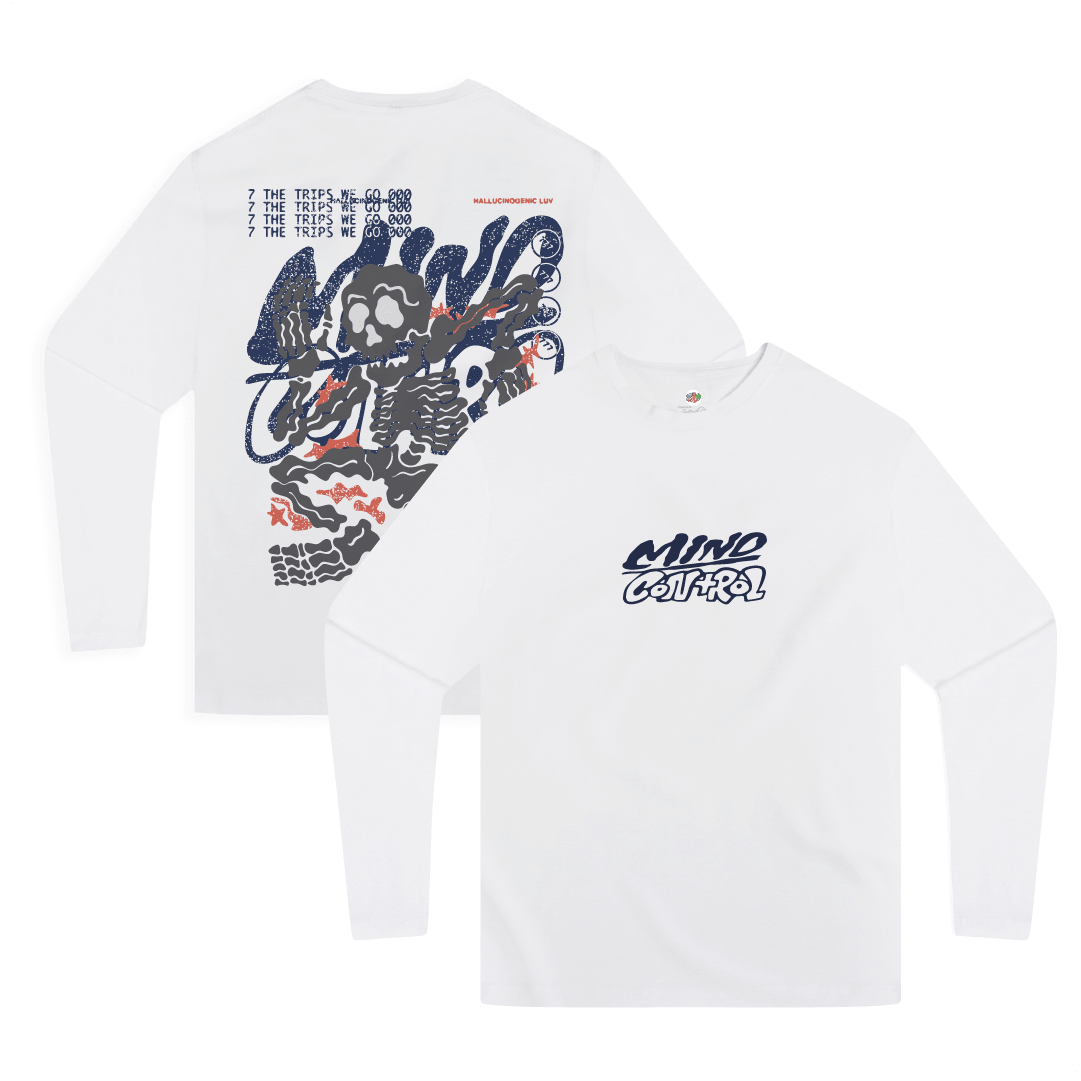 Front and rear view of a unisex white long sleeve t-shirt with skeleton design and 'Mind Control' text on a white background