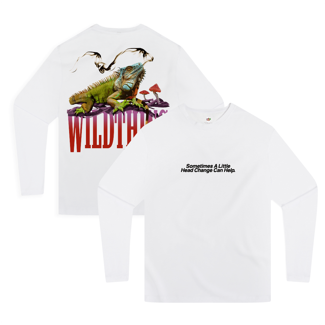 Front and rear view of a white long sleeved shirt with an iguana lizard smoking a joint with a large red 'WILDTHING' text with magic mushrooms. 