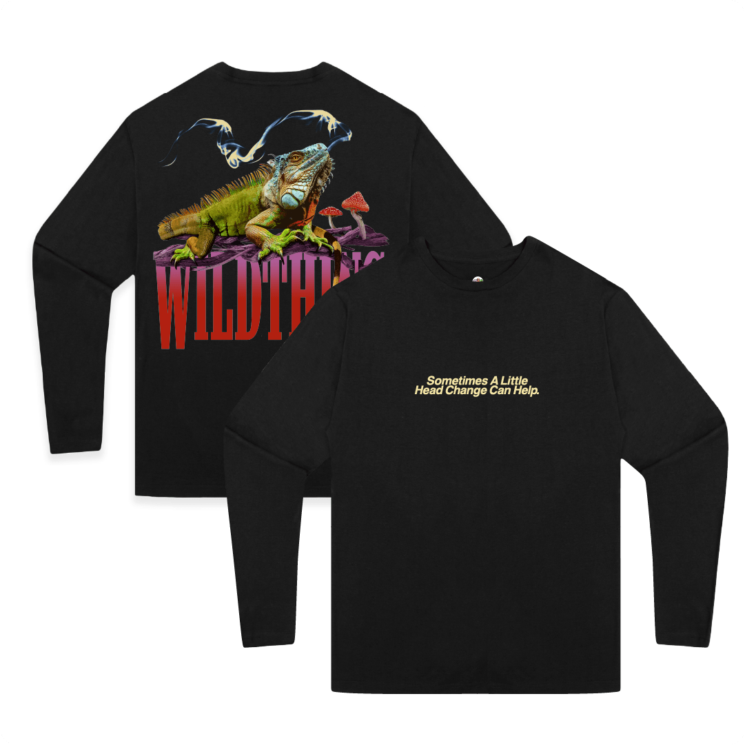 Front and rear view of a black long sleeved shirt with an iguana lizard smoking a joint with a large red 'WILDTHING' text with magic mushrooms. 