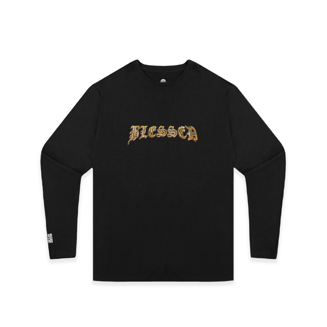 Black unisex long-sleeve shirt with gold "blessed" text on a white background