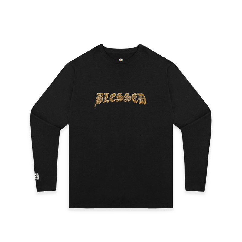 Black unisex long-sleeve shirt with gold "blessed" text on a white background