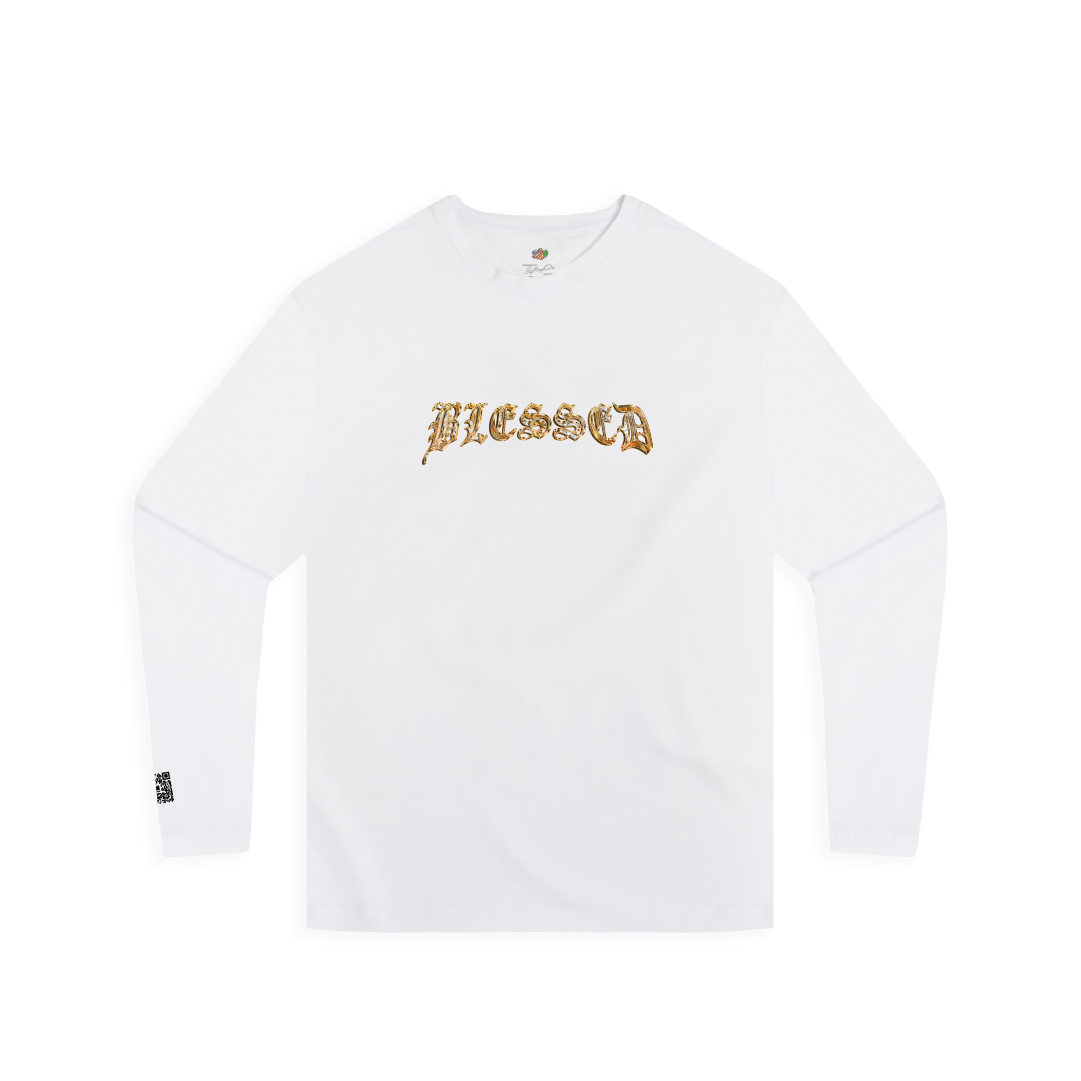 White unisex long-sleeve shirt with gold "Blessed" text on a white background