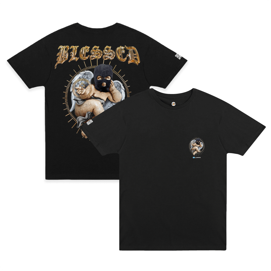 Front Back Image of zdropped's best selling blessed black tee.