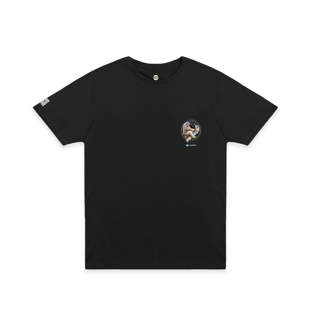 Front view of a unisex black tee shirt with a smaller cherub graphic on a white background in the upper left hand corner