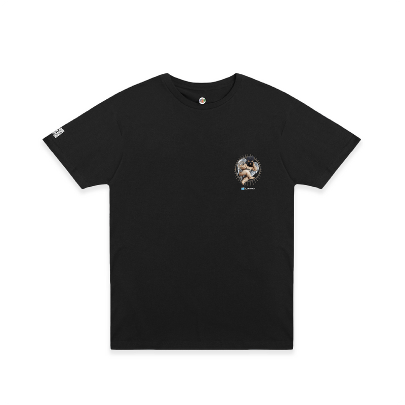 Front view of a unisex black tee shirt with a smaller cherub graphic on a white background in the upper left hand corner