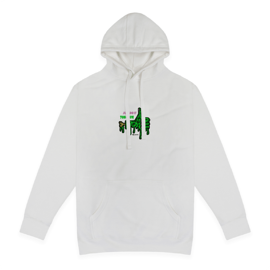 White Front view of a unisex hoodie with a dripping green thumb-up graphic and bold text ‘JUST DO IT TOMORROW’ on the front on a white background