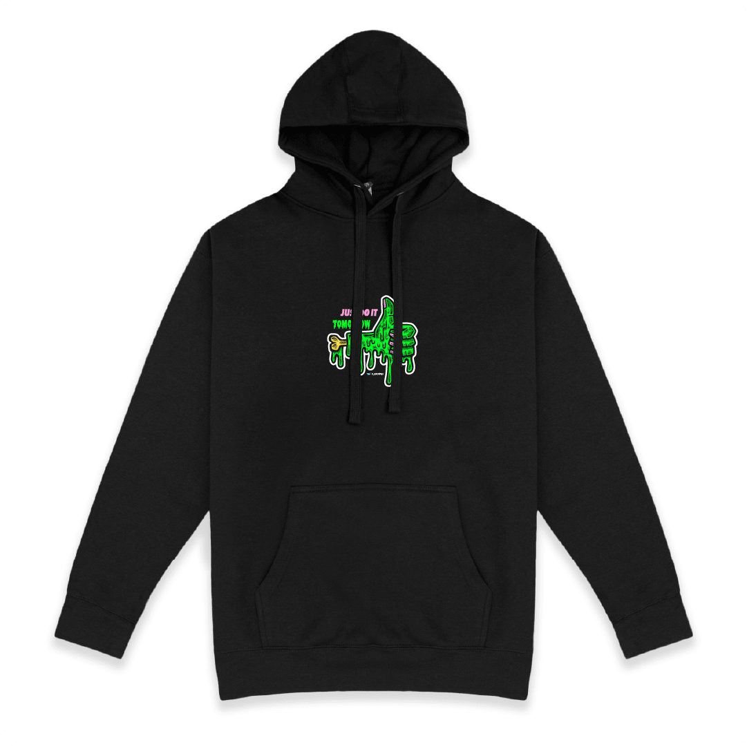 Black Front view of a unisex hoodie with a dripping green thumb-up graphic and bold text ‘JUST DO IT TOMORROW’ on the front on a white background