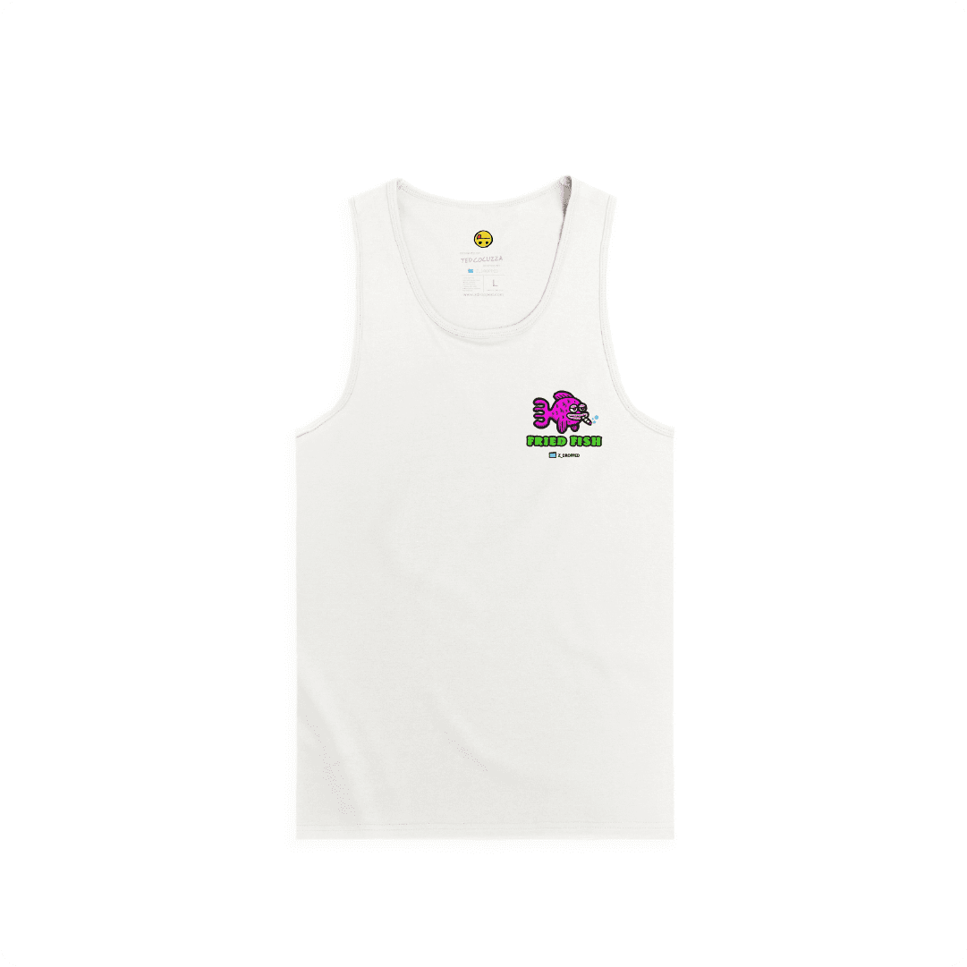 White Front view of a men tank top with a neon green bong graphic featuring a pink fish inside, surrounded by bright pink bubbles and bold text reading “FRIED FISH” on the front, on a white background.