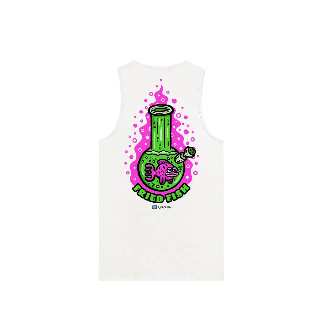 White rear view of a men tank top with a neon green bong graphic featuring a pink fish inside, surrounded by bright pink bubbles and bold text reading “FRIED FISH” on the front, on a white background.