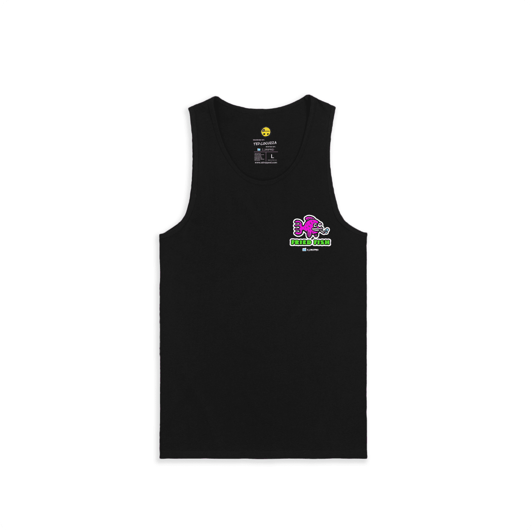 Black Front view of a men tank top with a neon green bong graphic featuring a pink fish inside, surrounded by bright pink bubbles and bold text reading “FRIED FISH” on the front, on a white background.