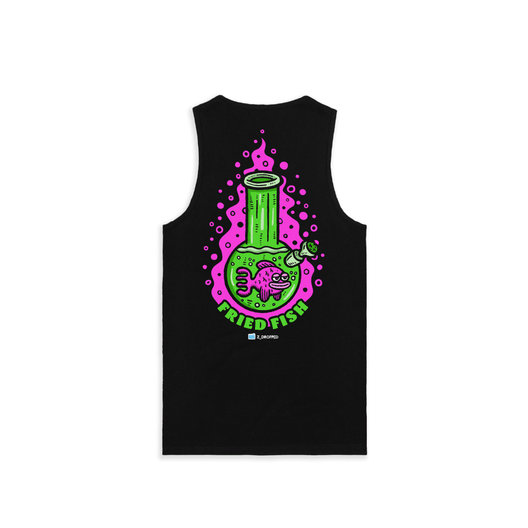 Black rear view of a men tank top with a neon green bong graphic featuring a pink fish inside, surrounded by bright pink bubbles and bold text reading “FRIED FISH” on the front, on a white background.