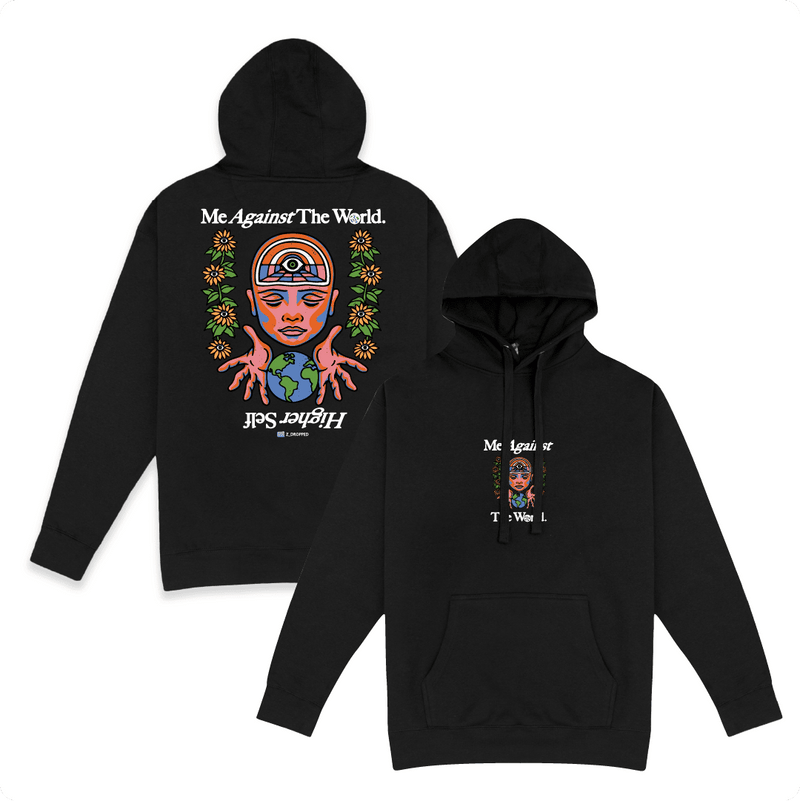 Front and Back View of Mark Dayap's Best Selling Black Hoodie, Higher Self.