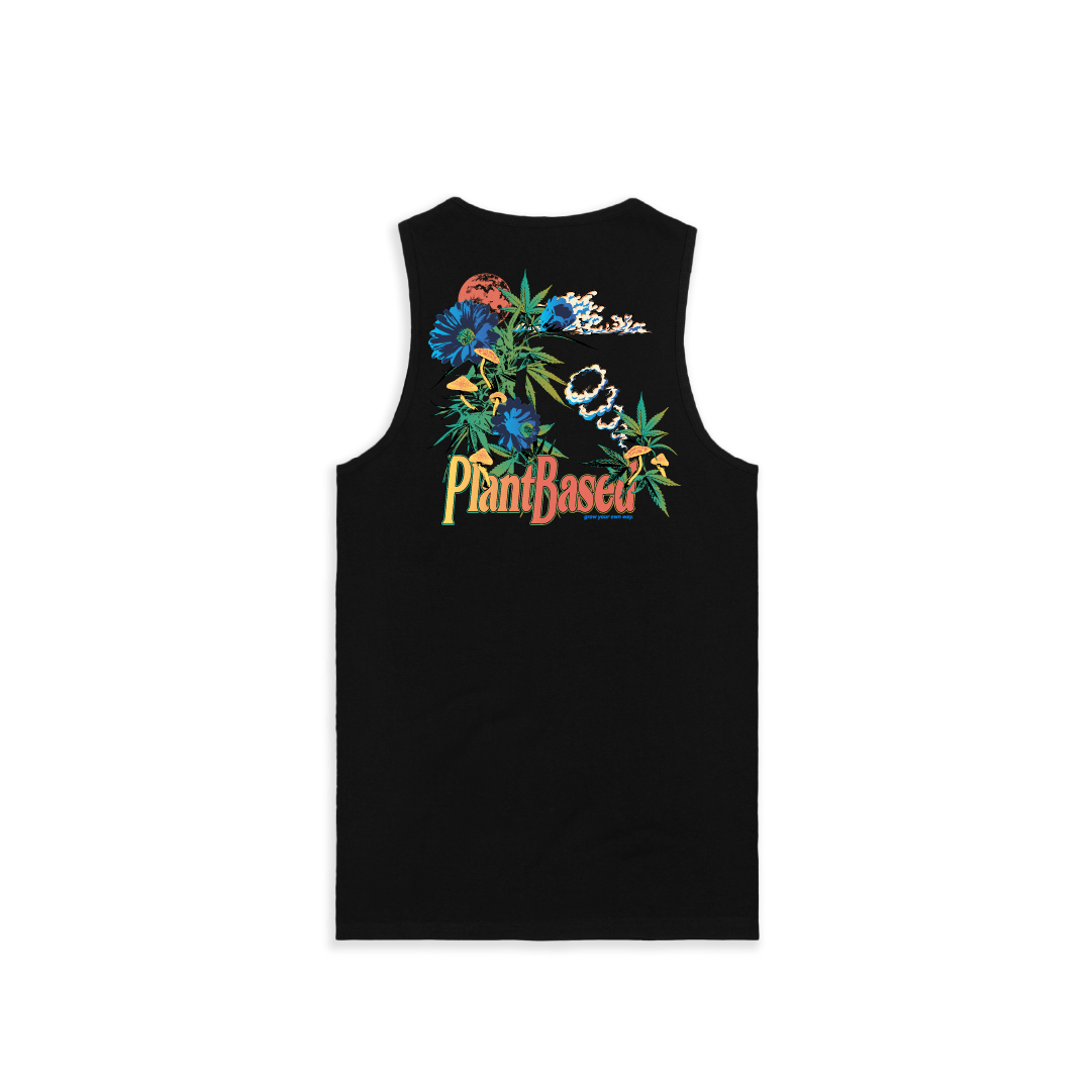 Rear view of a unisex black tank top with a large floral weed leaf design and colorful 'Plant Based' text with mushrooms on a white background.