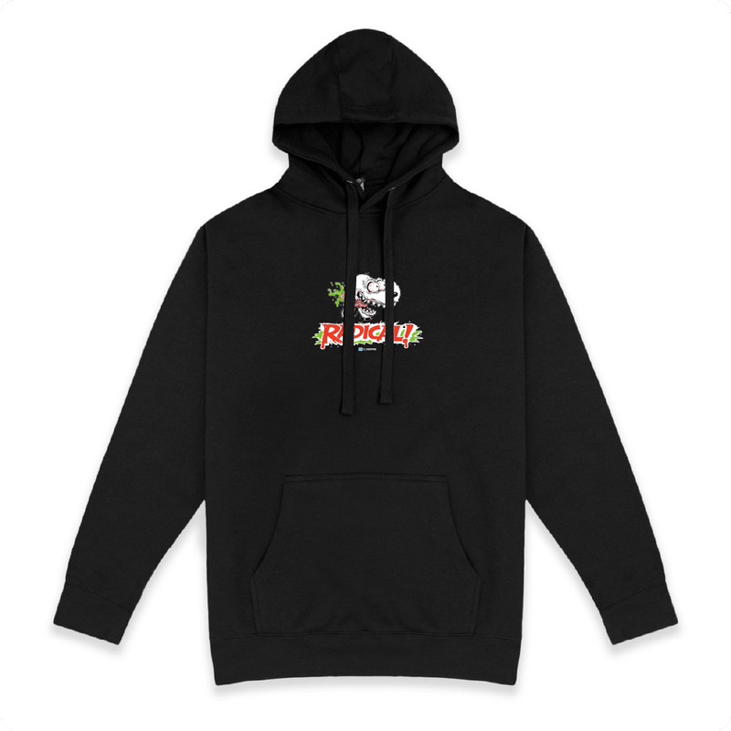 Front view of a black hoodie with snoop roth head and "Radical" text on a white background