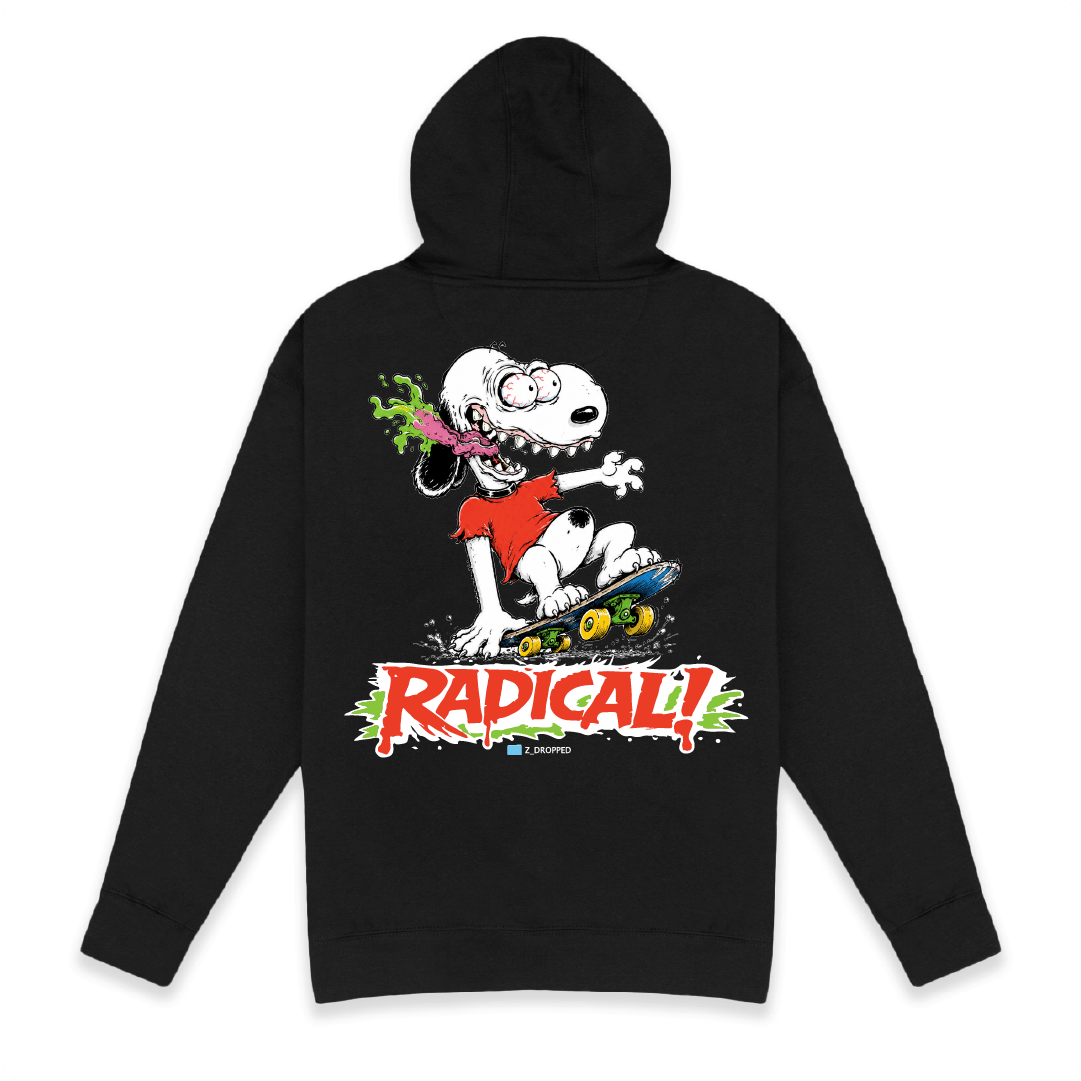 Rear view of a black hoodie with a snoopy cartoon character and 'Radical!' text on the back
