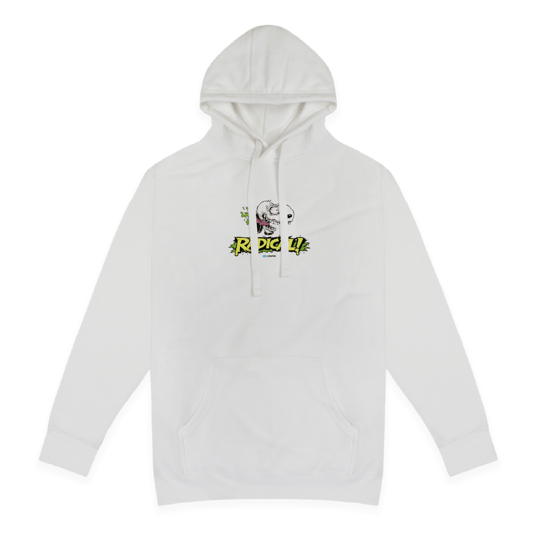 Front view of a white hoodie with snoop roth head and "Radical" text on a white background