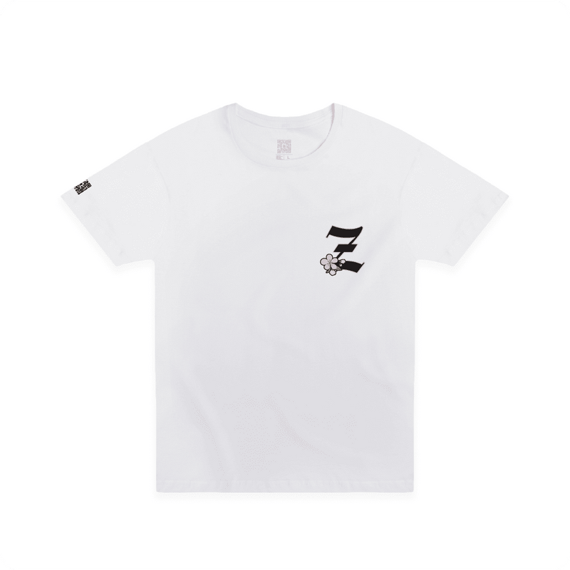 Front view of a white t-shirt with a black 'Z' and a pink cherry blossom flower on the front chest on a white background.