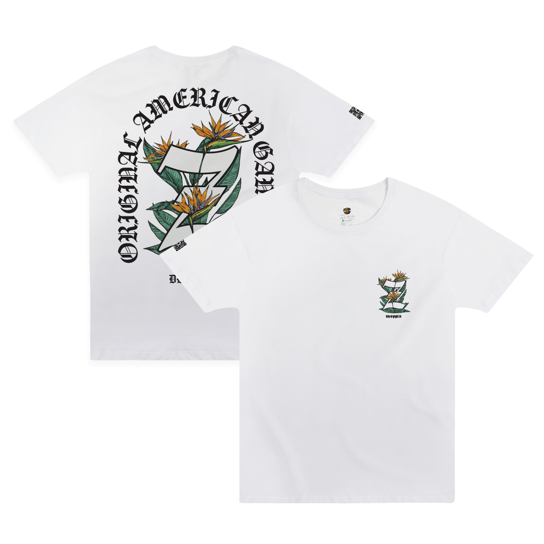 Front and rear view of a white t-shirt with a large Z logo and birds of paradise floral elements and black 'Original American Gangsta' text on a white background