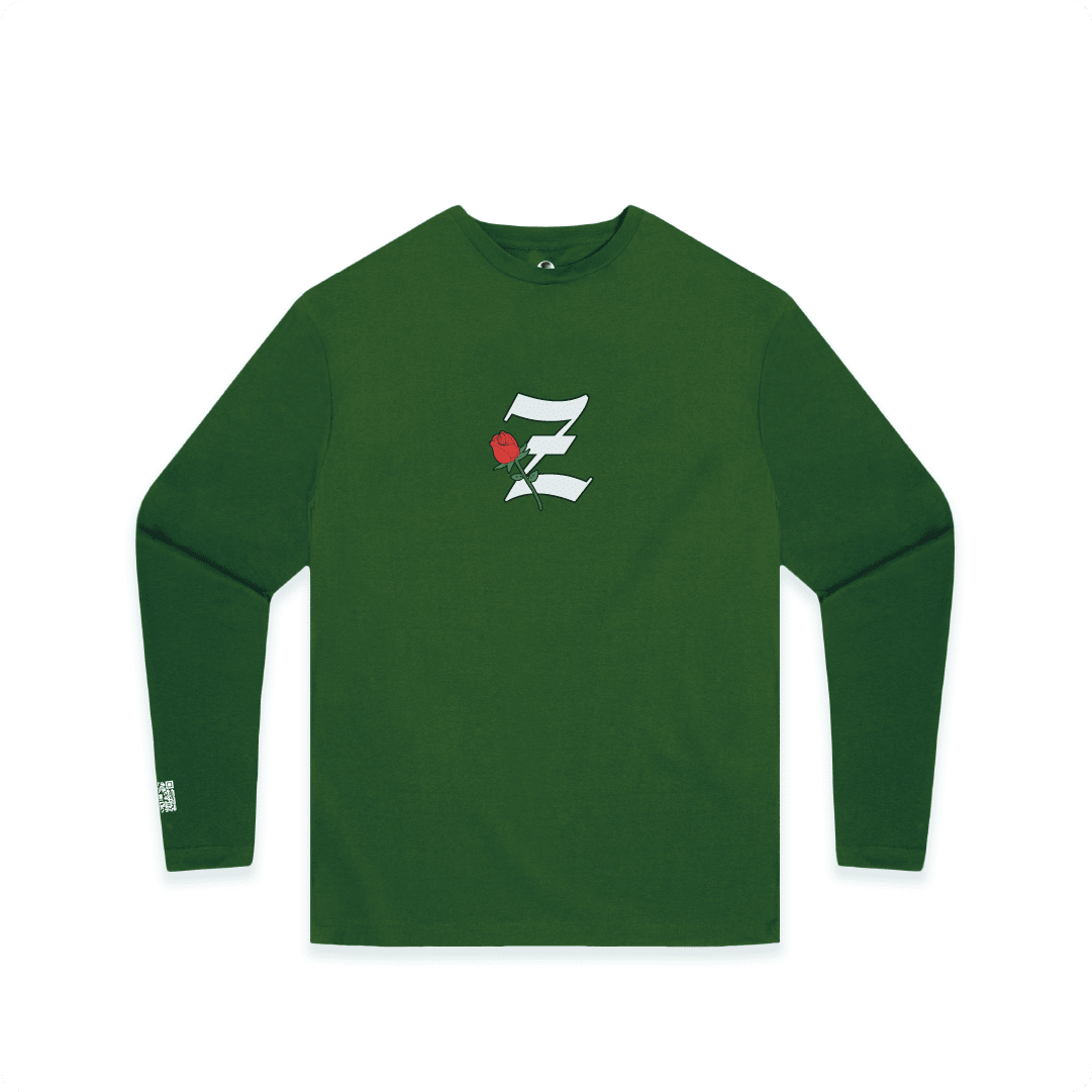Green long-sleeve shirt with a small white z and red rose logo on the center chest a white background