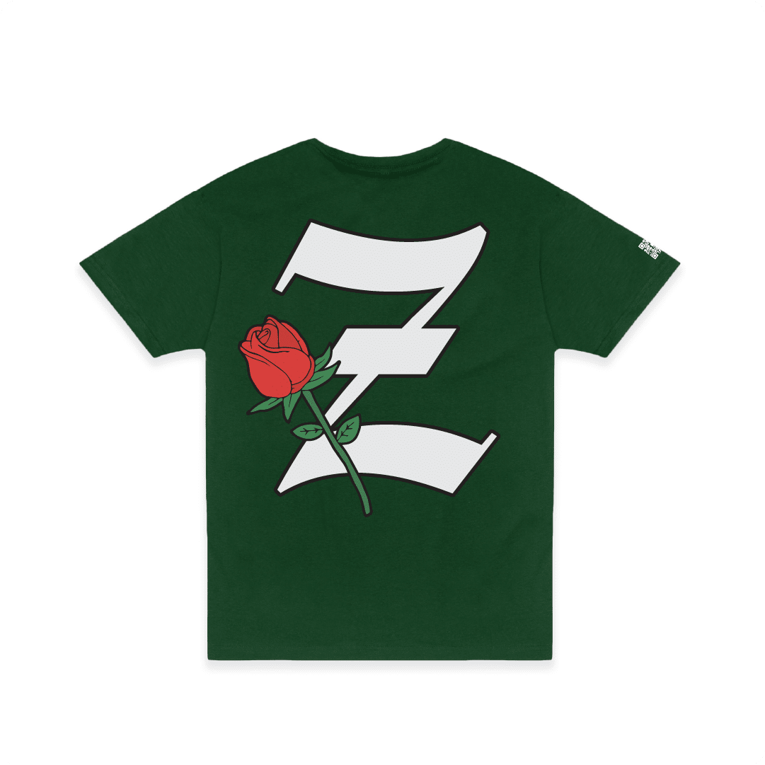 Rear view of a unisex green t-shirt with a large white 'Z' logo and red rose flower.
