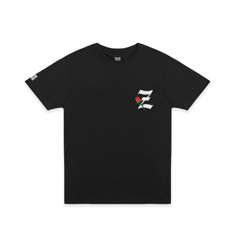 Front view of a black t-shirt with a white 'Z' and a red rose flower on the front chest on a white background.