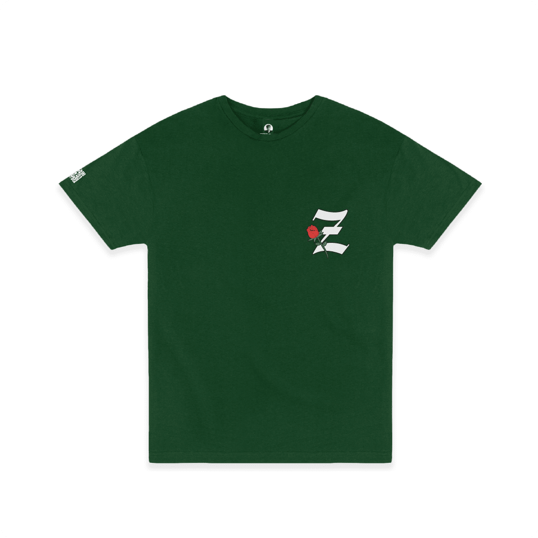 Front view of a unisex green t-shirt with a small white 'Z' logo and red rose flower on the chest.