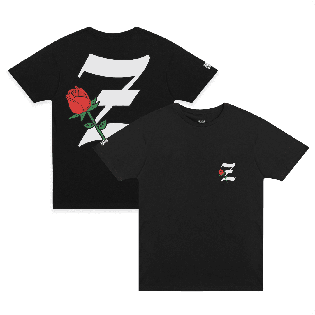 Front and back view of zdropped's best selling Z_ROSE black t-shirt.