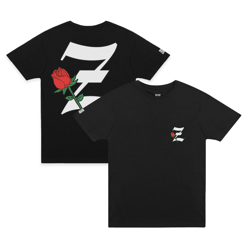 Front and back view of zdropped's best selling Z_ROSE black t-shirt.