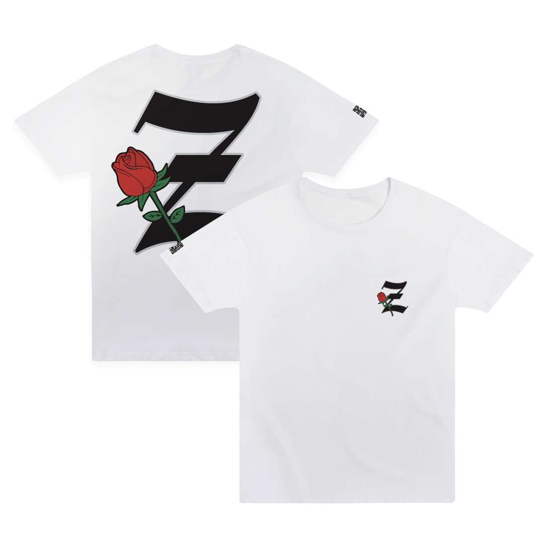 Front and back view of zdropped's best selling Z_ROSE white t-shirt.