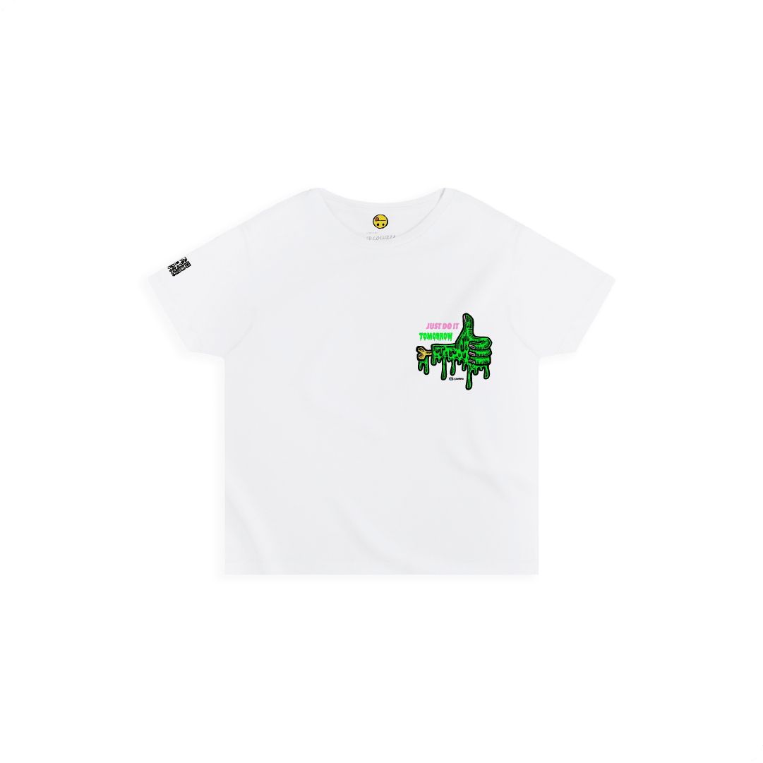 White small front view of a women high waisted tee with a dripping green thumb-up graphic and bold text ‘JUST DO IT TOMORROW’ on the front on a white background