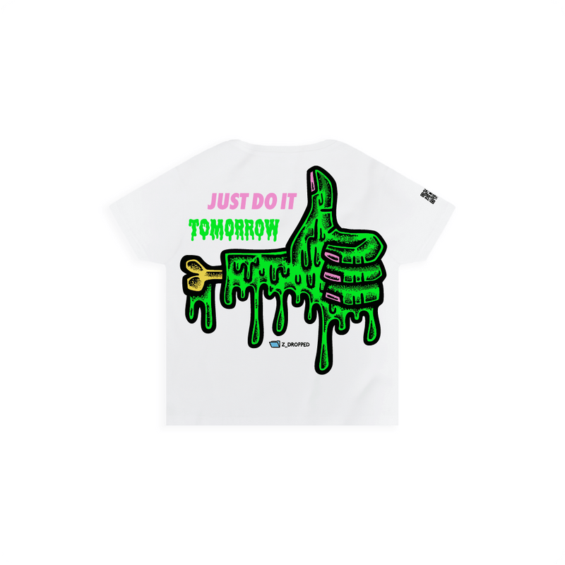 White rear view of a women high waisted tee with a dripping green thumb-up graphic and bold text ‘JUST DO IT TOMORROW’ on the front on a white background