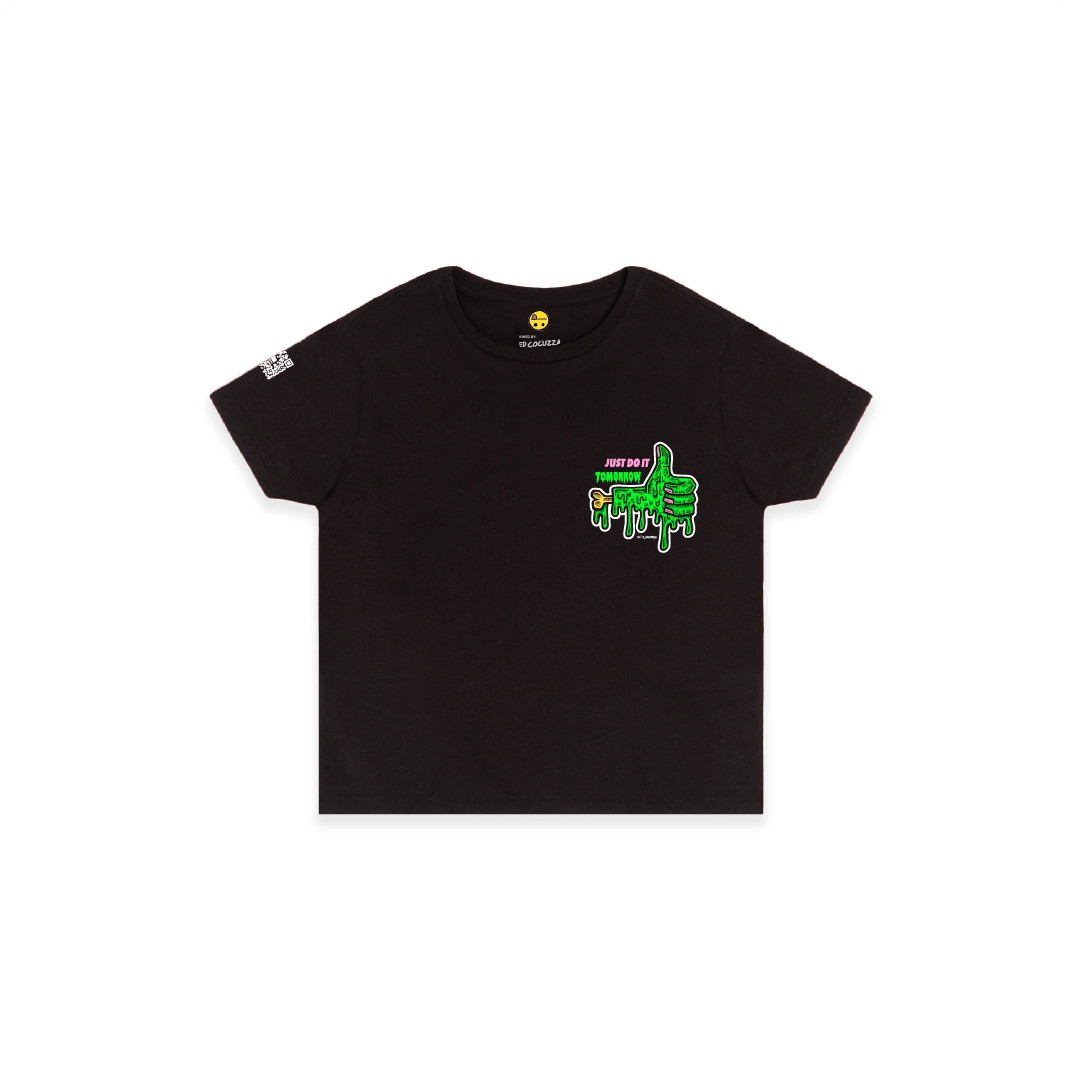 Black small front view of a women high waisted tee with a dripping green thumb-up graphic and bold text ‘JUST DO IT TOMORROW’ on the front on a white background