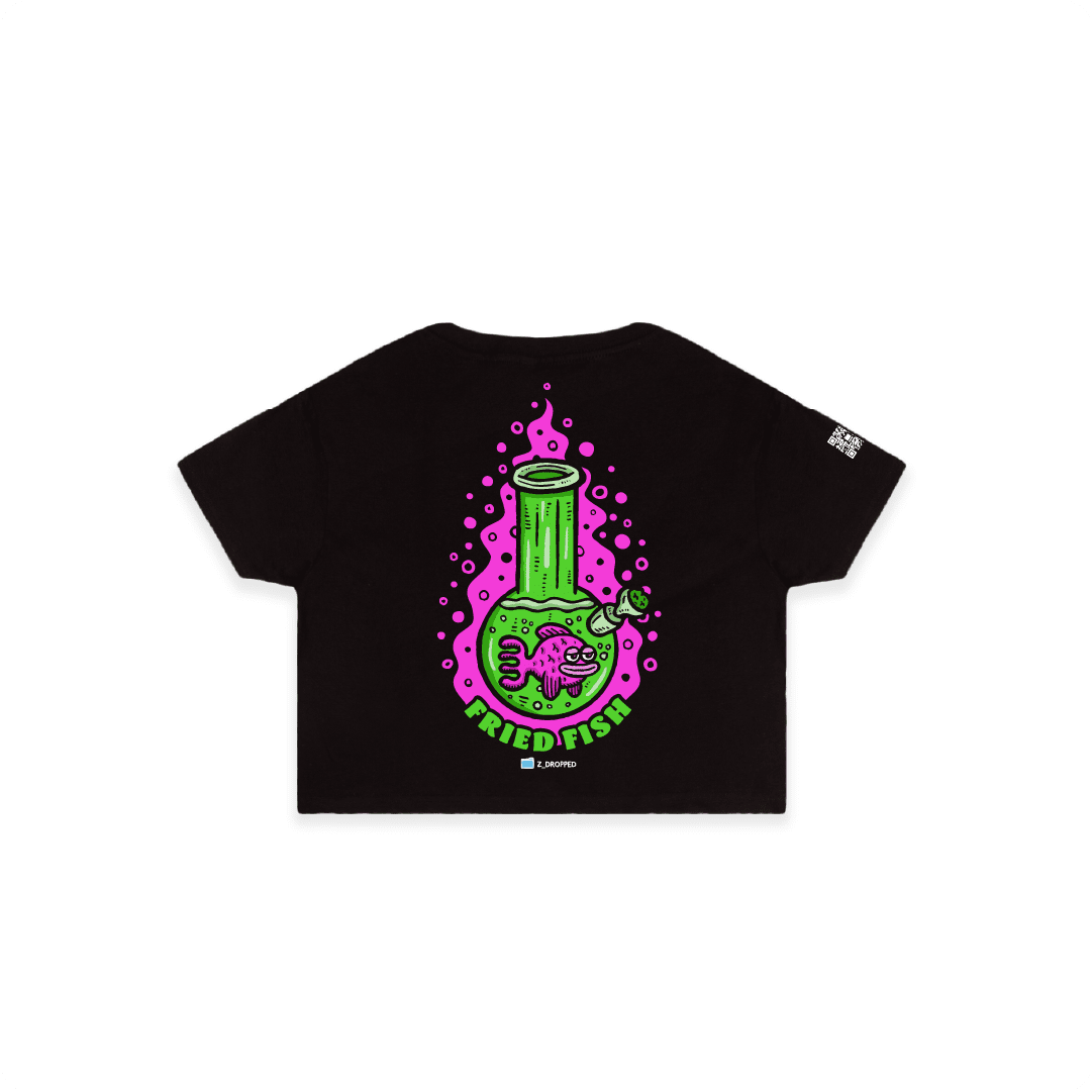 Black Rear view of a women’s crop top with a neon green bong graphic featuring a pink fish inside, surrounded by bright pink bubbles and bold text reading “FRIED FISH” on the front, on a white background.