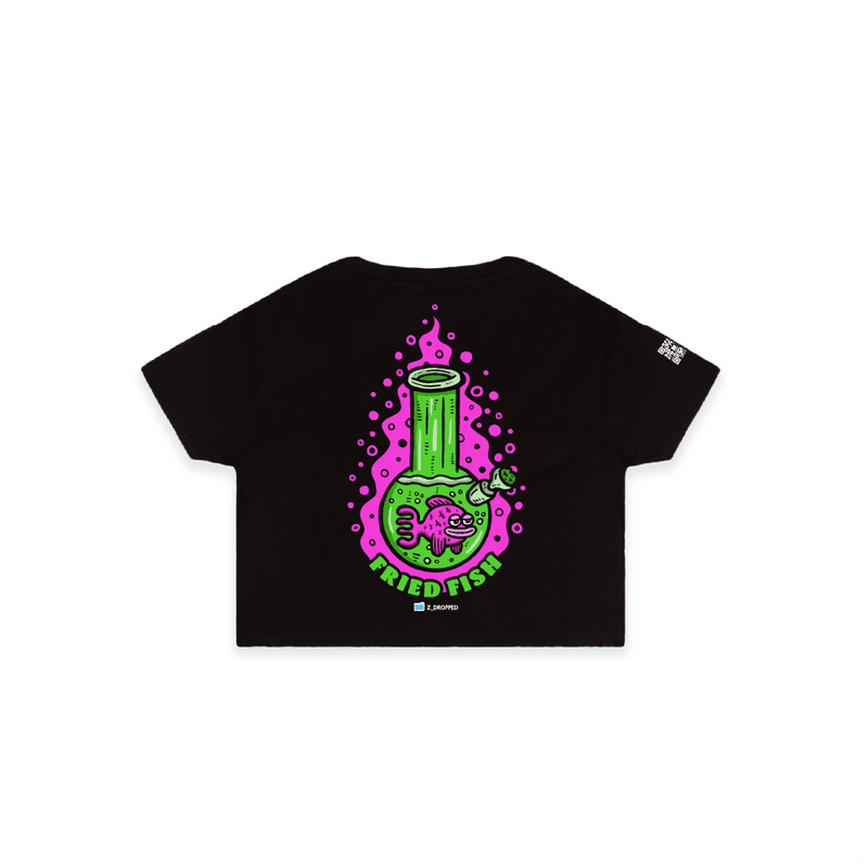 Black Rear view of a women’s crop top with a neon green bong graphic featuring a pink fish inside, surrounded by bright pink bubbles and bold text reading “FRIED FISH” on the front, on a white background.