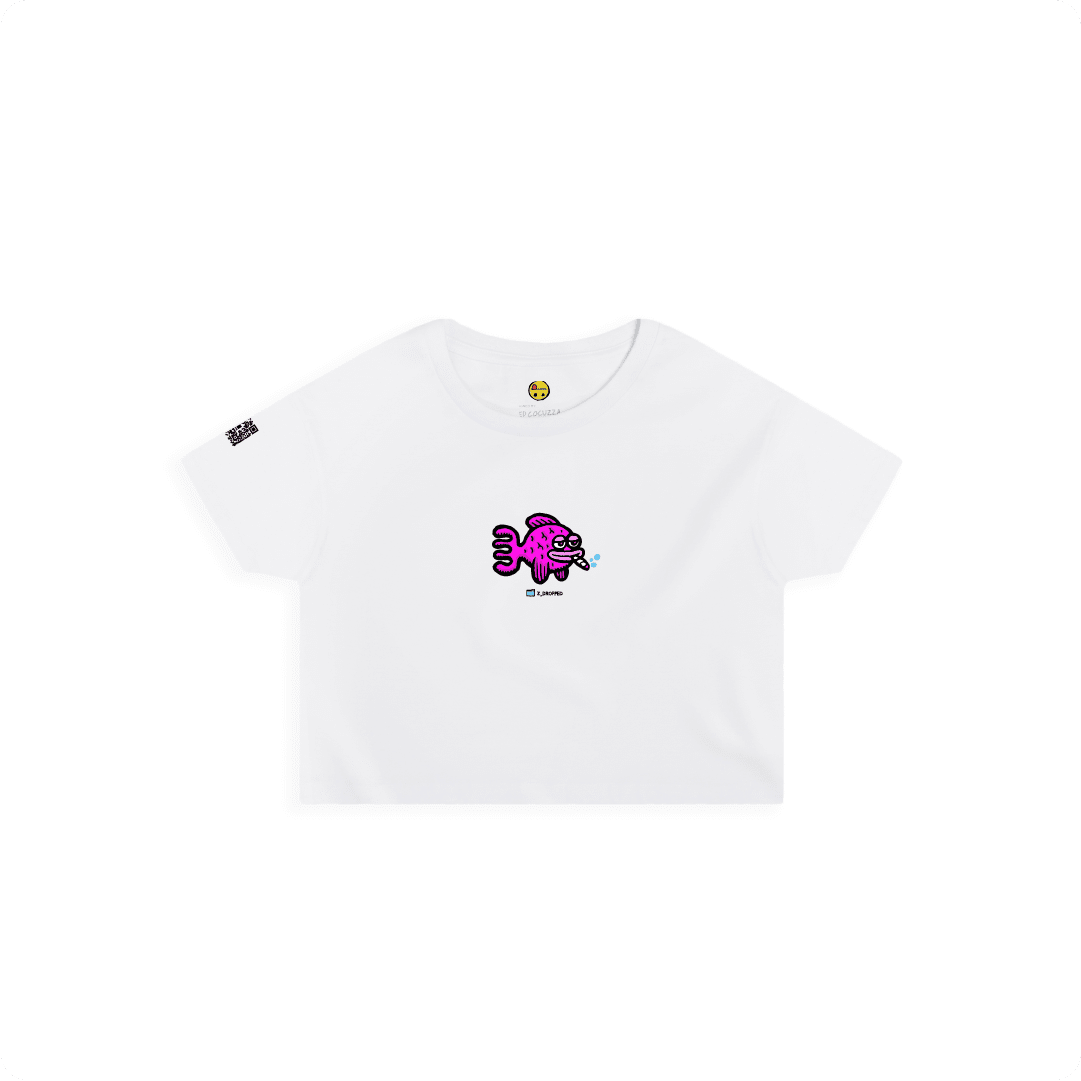 White Front view of a women’s crop top with a neon green bong graphic featuring a pink fish inside, surrounded by bright pink bubbles on a white background.