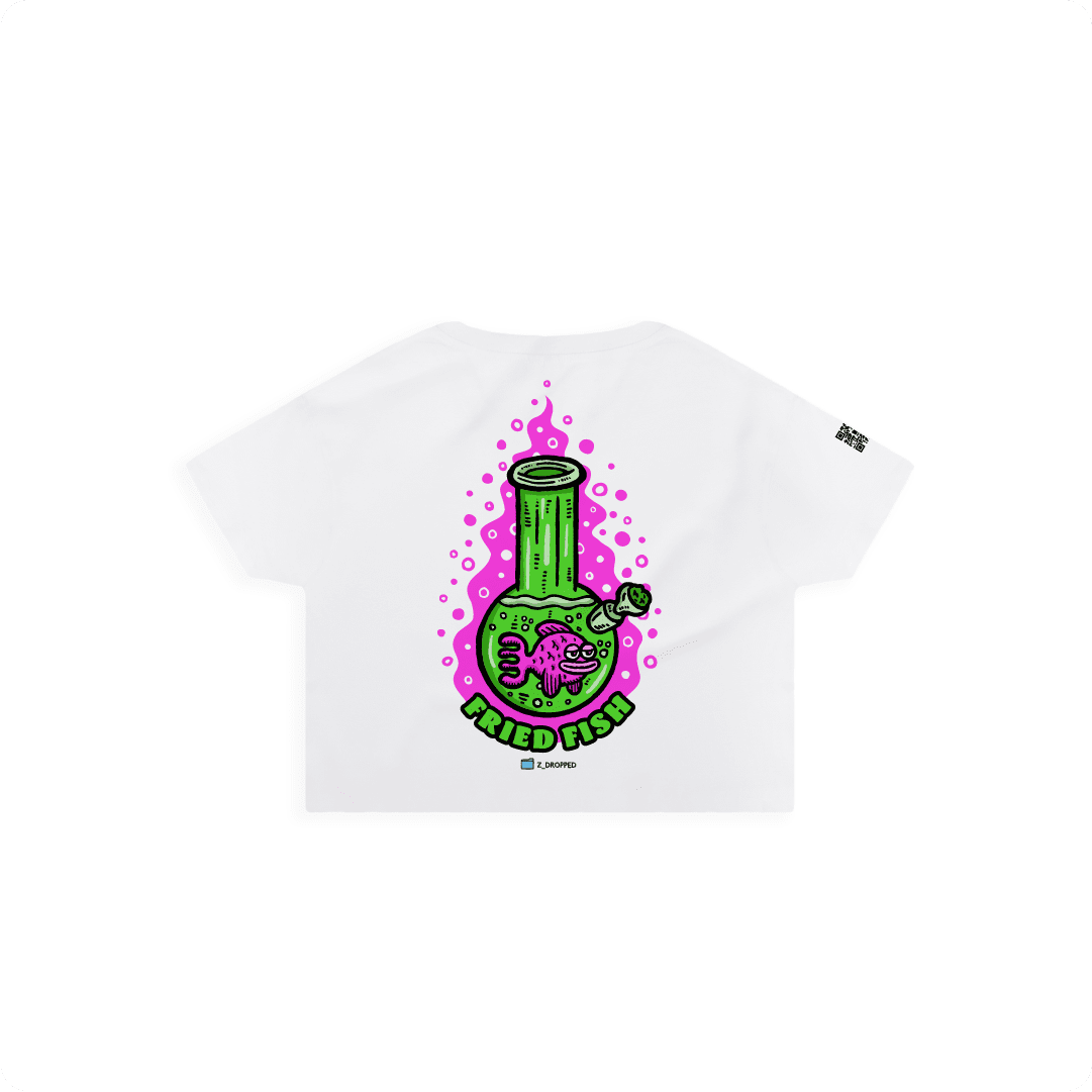 White rear view of a women’s crop top with a neon green bong graphic featuring a pink fish inside, surrounded by bright pink bubbles and bold text reading “FRIED FISH” on the front, on a white background.