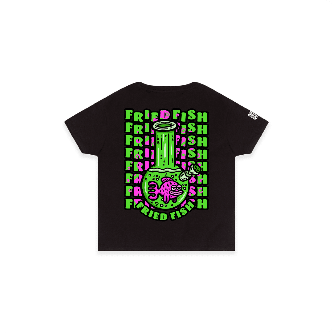 Black rear view of a women’s High Waist with a neon green bong graphic featuring a pink fish inside, surrounded by bright pink bubbles and bold text reading “FRIED FISH” on the front, on a white background.
