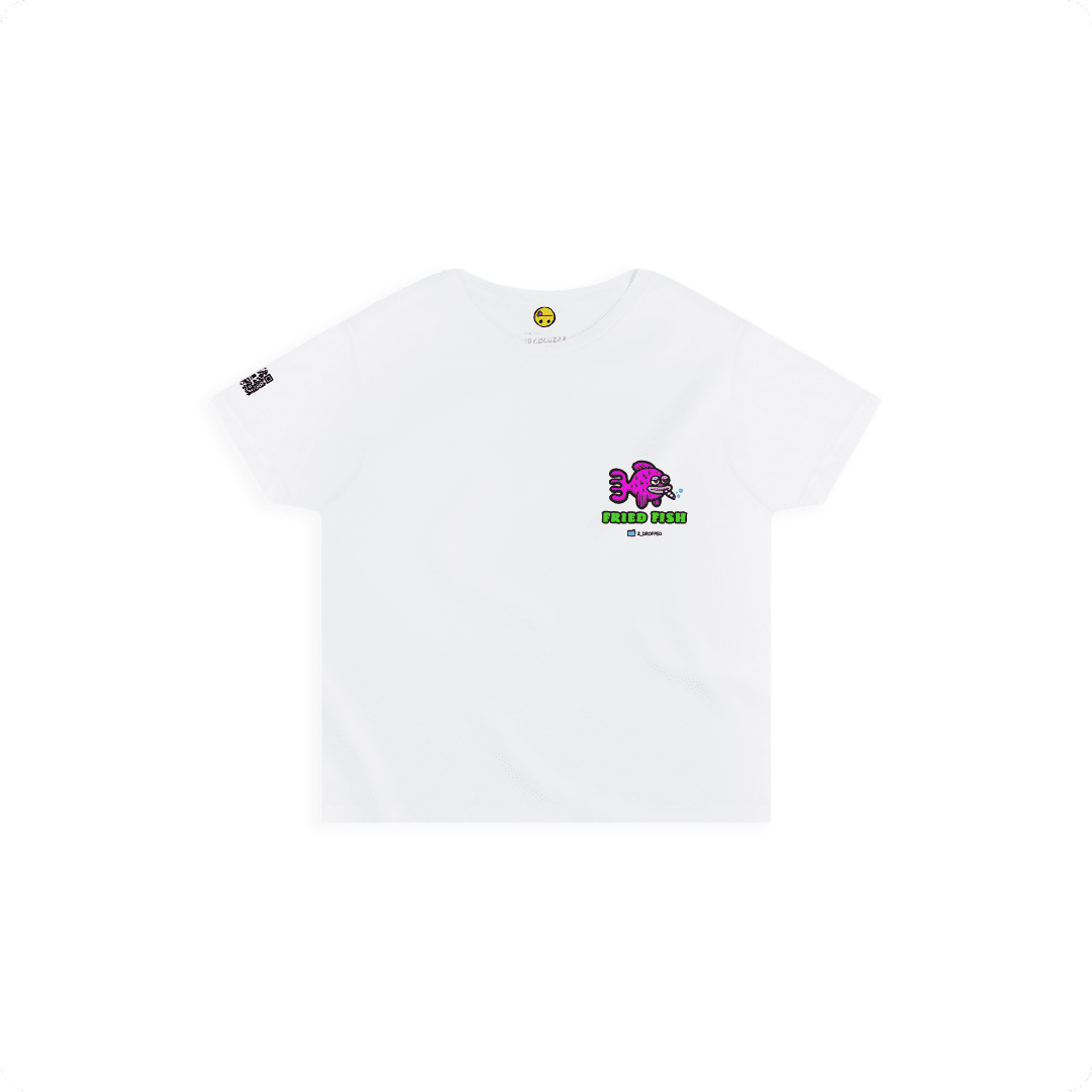 White Front view of a women’s High Waist with a neon green bong graphic featuring a pink fish inside, surrounded by bright pink bubbles and bold text reading “FRIED FISH” on the front, on a white background.