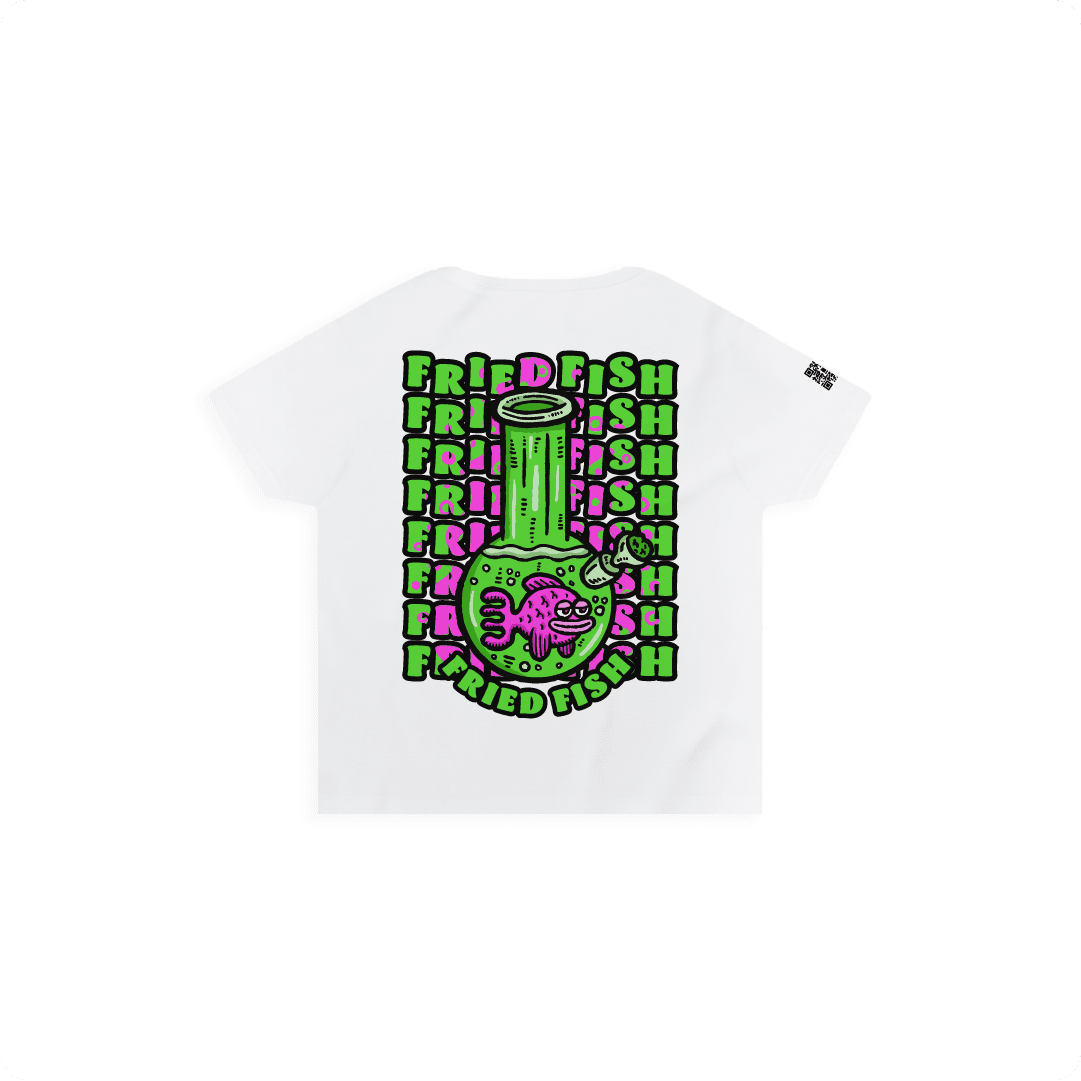 White Rear view of a women’s High Waist with a neon green bong graphic featuring a pink fish inside, surrounded by bright pink bubbles and bold text reading “FRIED FISH” on the front, on a white background.