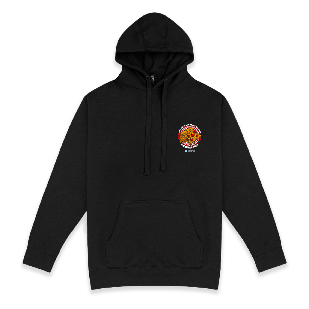 Front view of a black unisex hoodie with a colorful illustrated pizza slice graphic and the text “Hot, Fresh and Ready to Shred – Quarter Pies” on the front on a white background. 