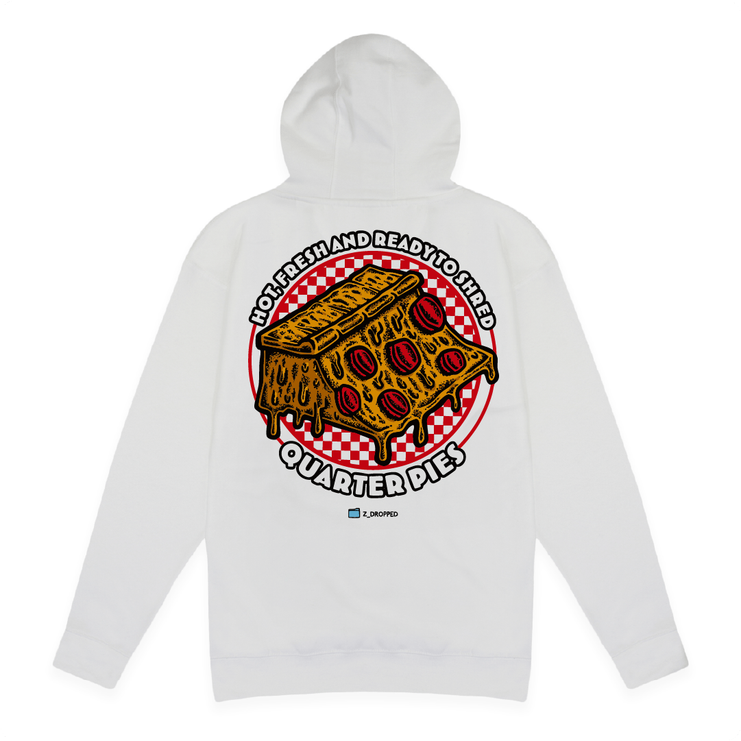 Rear view of a white unisex hoodie with a colorful illustrated pizza slice graphic and the text “Hot, Fresh and Ready to Shred – Quarter Pies” on the front on a white background. 