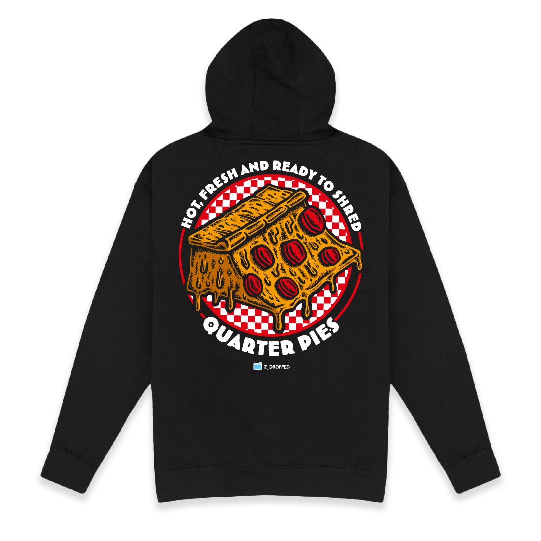 Rear view of a black unisex hoodie with a colorful illustrated pizza slice graphic and the text “Hot, Fresh and Ready to Shred – Quarter Pies” on the front on a white background. 