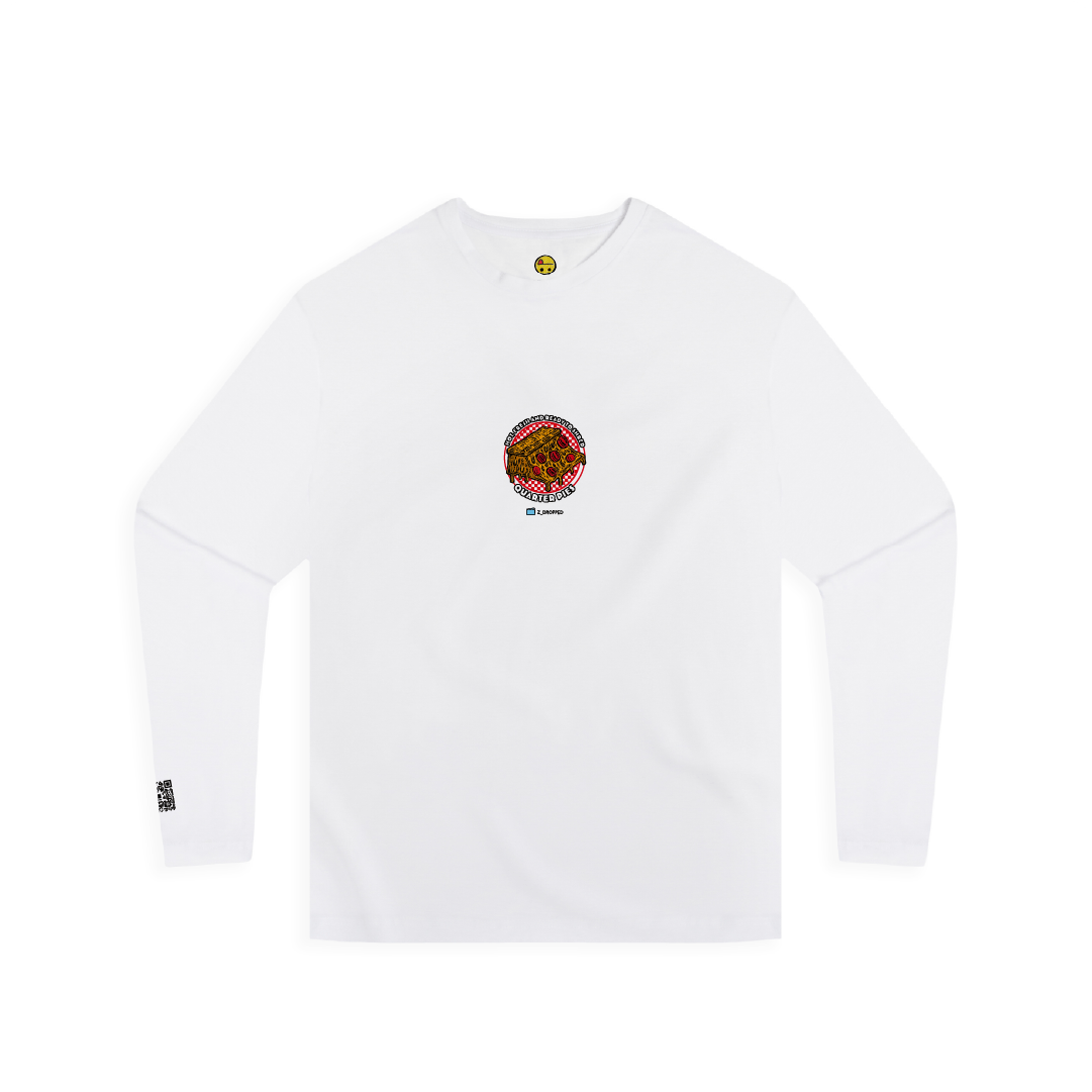 Front view of a unisex long sleeve shirt with a colorful illustrated pizza slice graphic and the text “Hot, Fresh and Ready to Shred – Quarter Pies” on the front on a white background. 