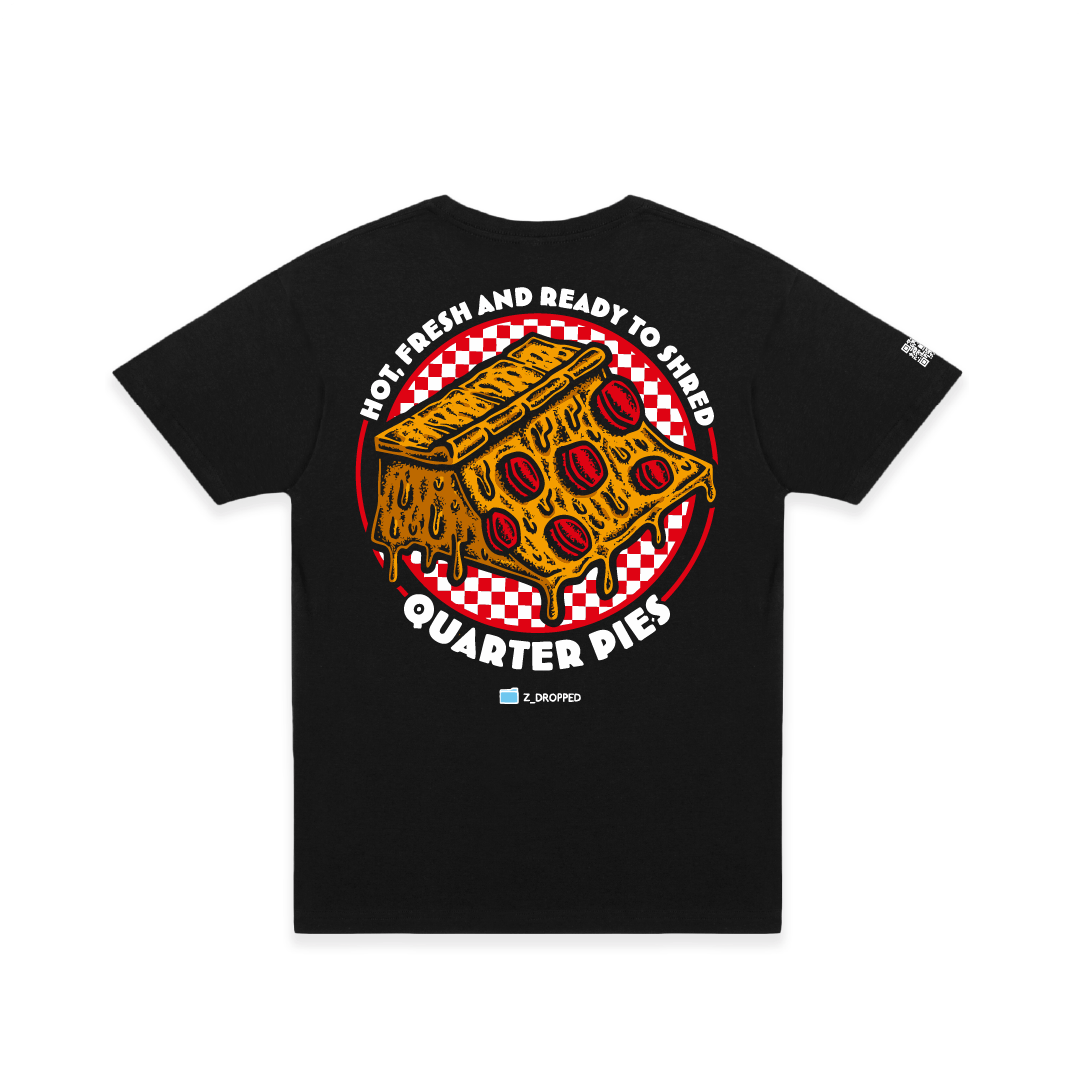 Rear view of a unisex tee shirt  with a colorful illustrated pizza slice graphic and the text “Hot, Fresh and Ready to Shred – Quarter Pies” on the front on a white background. 