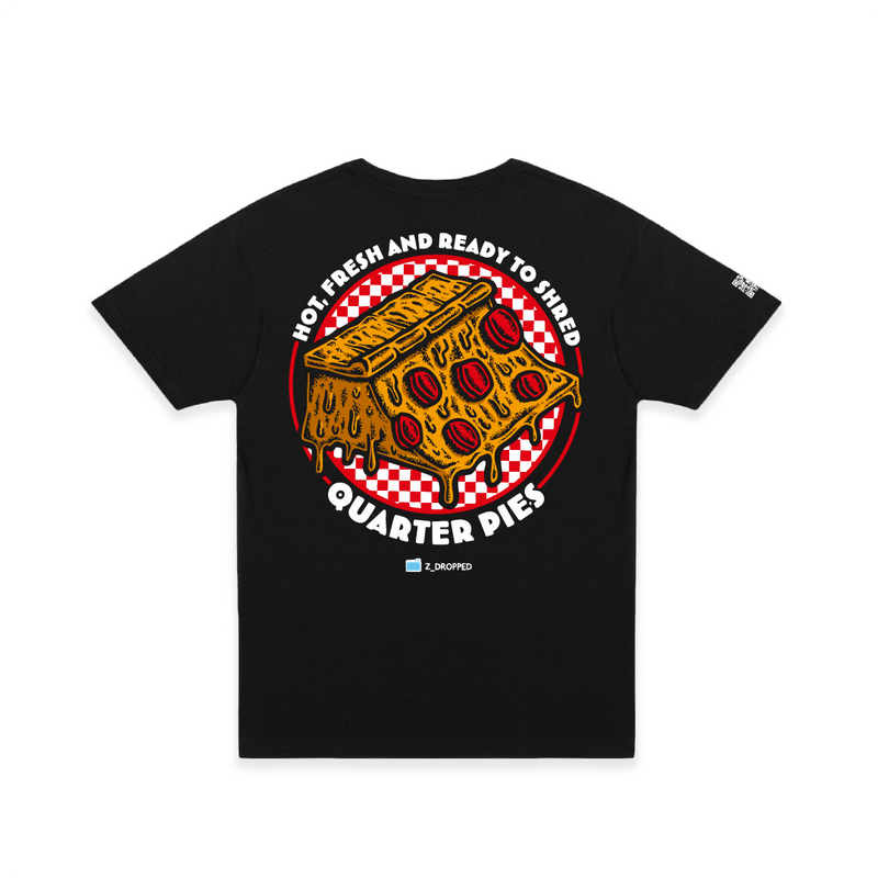 Rear view of a unisex tee shirt  with a colorful illustrated pizza slice graphic and the text “Hot, Fresh and Ready to Shred – Quarter Pies” on the front on a white background. 
