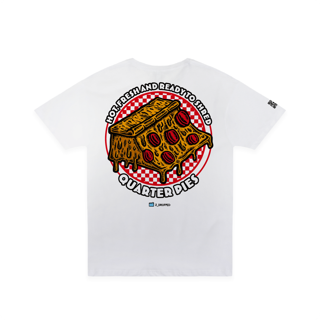 Rear view of a unisex tee shirt with a colorful illustrated pizza slice graphic and the text “Hot, Fresh and Ready to Shred – Quarter Pies” on the front on a white background. 