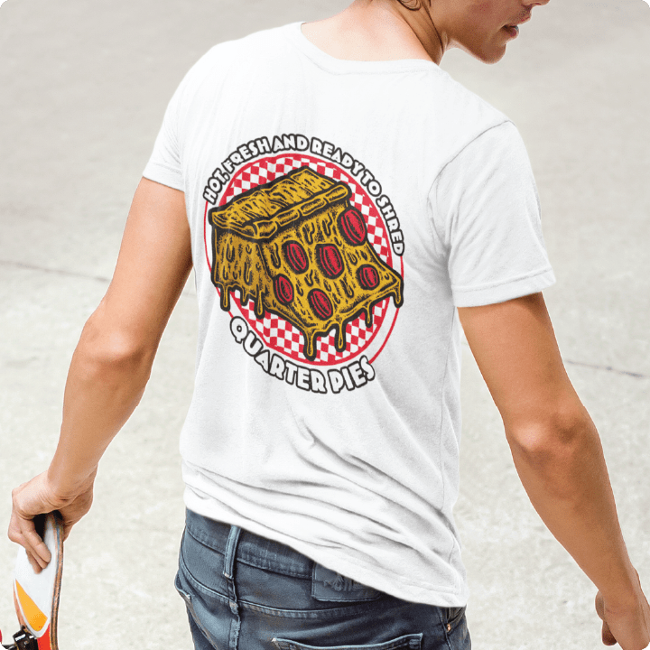 Person wearing a white zdropped t-shirt with a pizza graphic and hot, fresh, and ready to shred text.