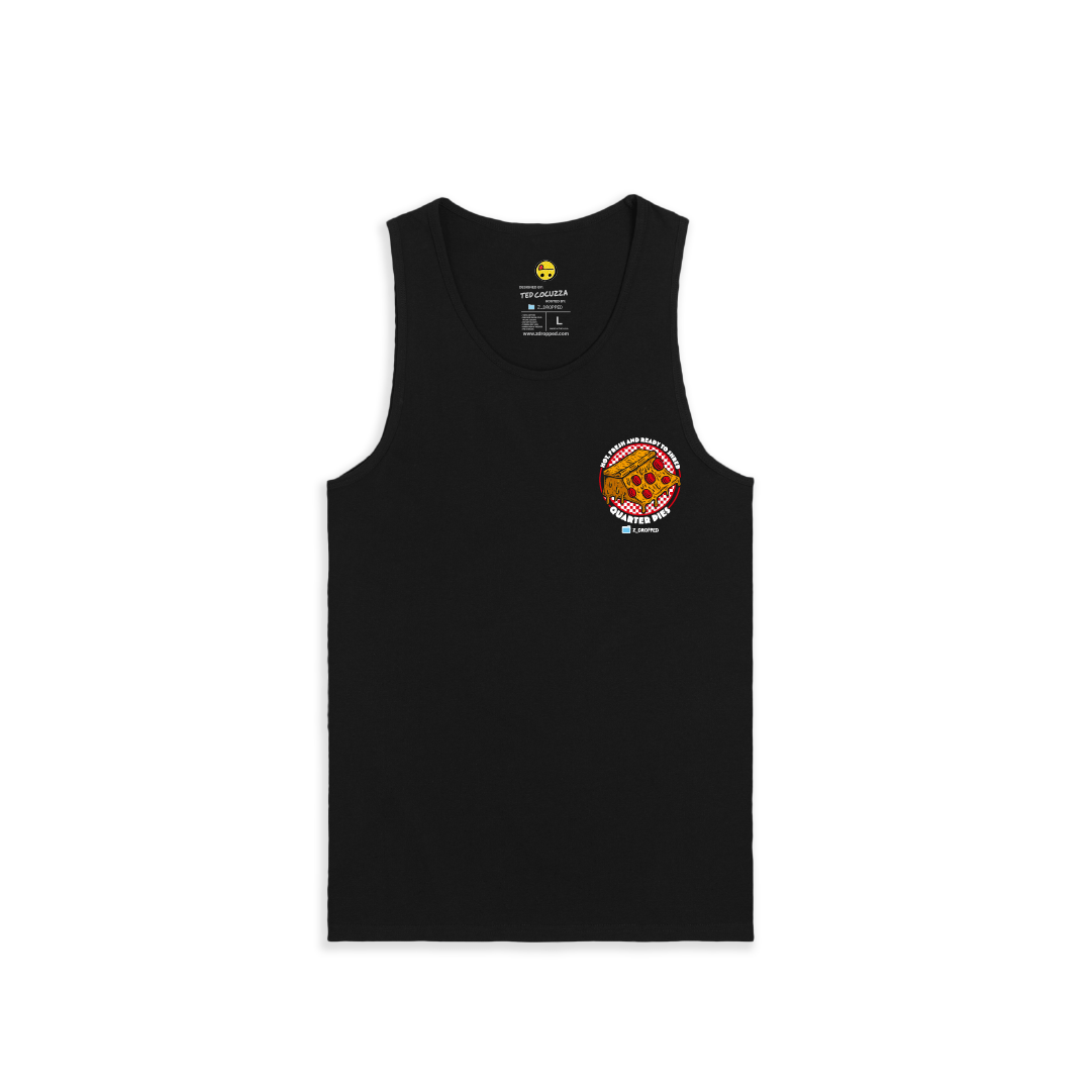 Front view of a men tank top   with a colorful illustrated pizza slice graphic and the text “Hot, Fresh and Ready to Shred – Quarter Pies” on the front on a white background. 